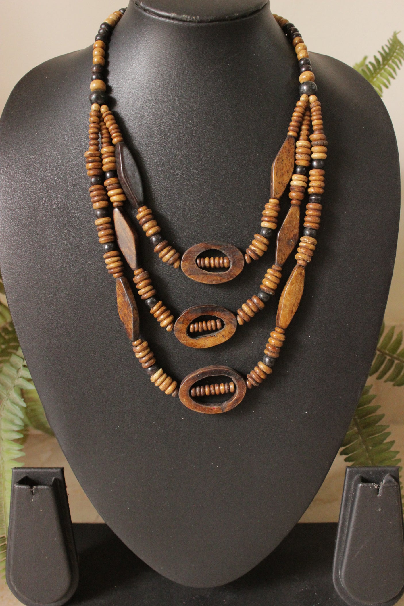 Light Brown and Dark Brown Wooden Beads 3 Layer Necklace