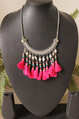 Metal Chain Necklace Embellished with Colourful Beads and Pom Poms