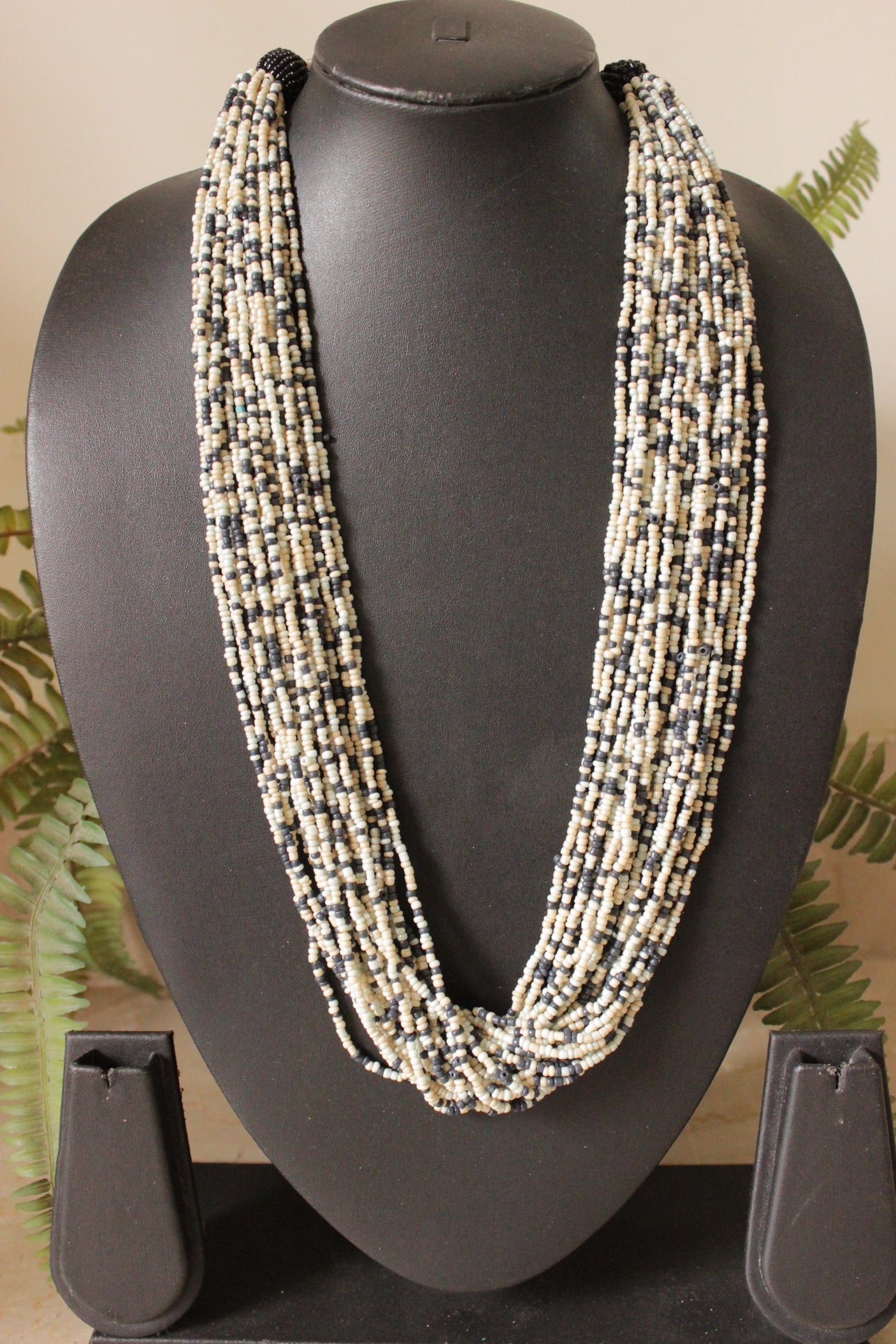 Earthy Grey and Ivory Multi-Layer Hand Braided Necklace with Button Closure