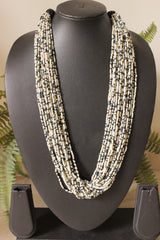 Earthy Grey and Ivory Multi-Layer Hand Braided Necklace with Button Closure