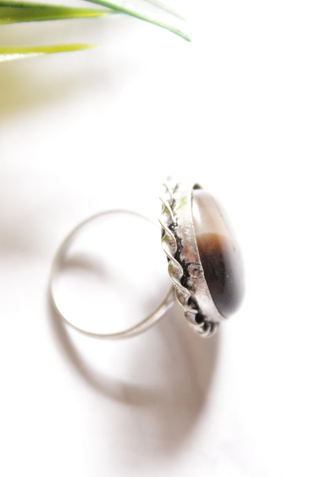 2 Shades Glass Stone Embedded Oxidised Finish Adjustable Ring
