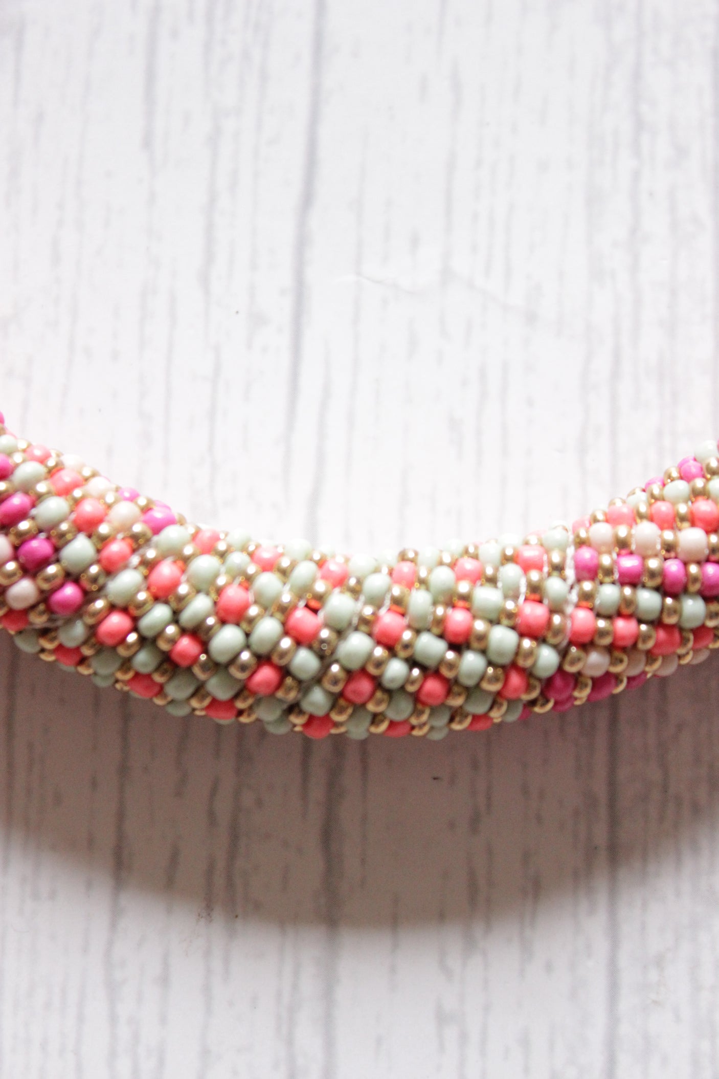 Shades of Pink and Gold Soothing Hand Braided Beads and Fabric Necklace