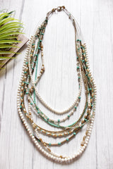 Shaded of White, Blue and Gold Acrylic and Metal Beads Hand Braided Beaded Necklace