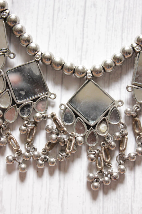 Mirror Work Oxidised Finish Metal Choker with Adjustable Length