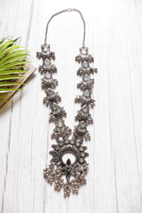 Mirror Work Oxidised Finish Metal Long Necklace with Chain Closure