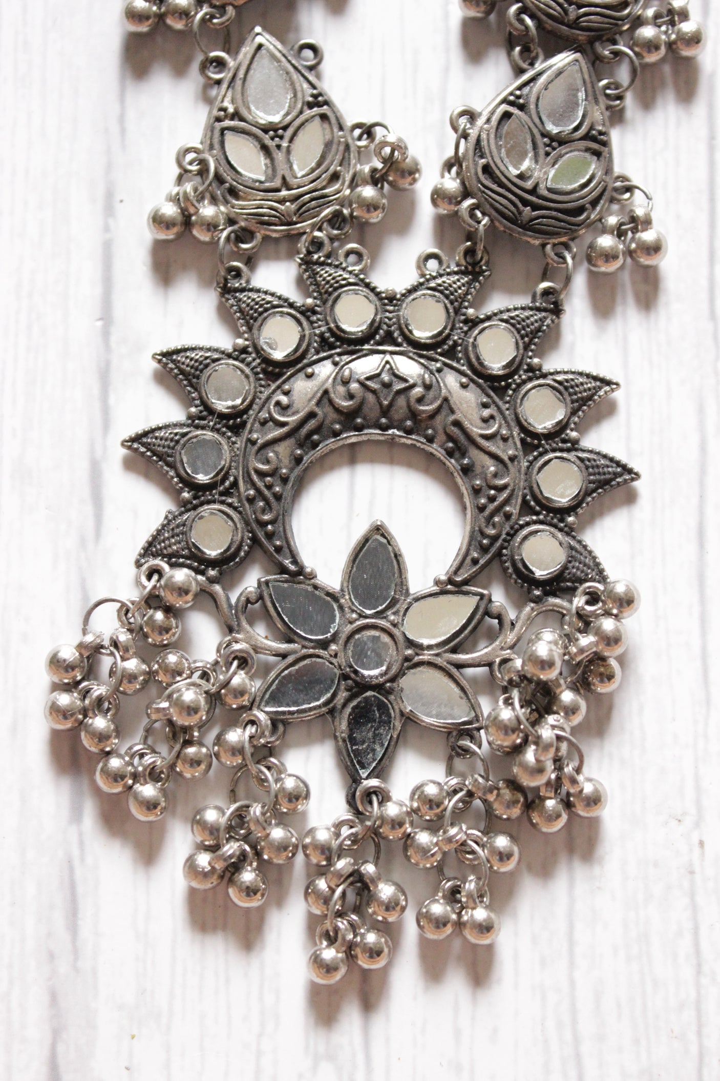 Mirror Work Oxidised Finish Metal Long Necklace with Chain Closure