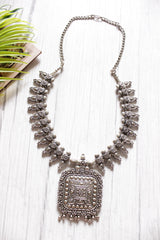 Oxidised Finish Elaborately Detailed Metal Necklace with Chain Closure