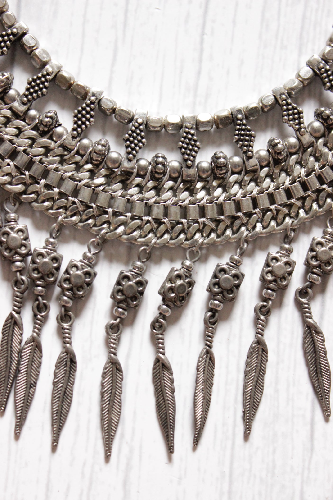 Oxidised Finish Elaborately Detailed Metal Choker Necklace with Adjustable Length Chain Closure