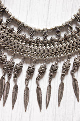 Oxidised Finish Elaborately Detailed Metal Choker Necklace with Adjustable Length Chain Closure