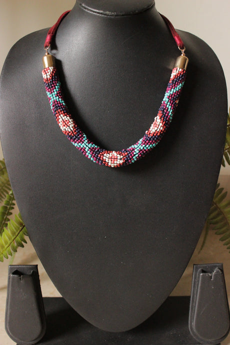 Shaded Blue and Orange Hand Braided Beads Necklace with Rope Closure