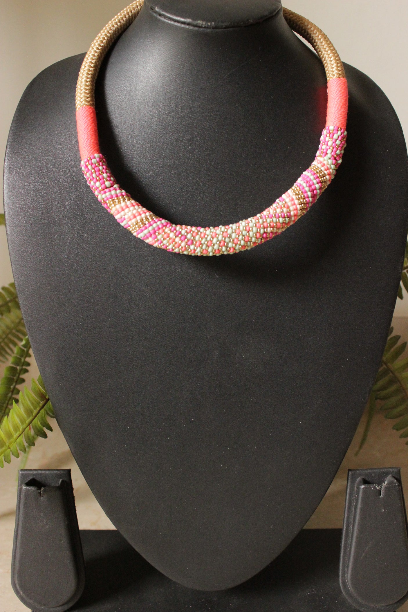 Shades of Pink and Gold Soothing Hand Braided Beads and Fabric Necklace
