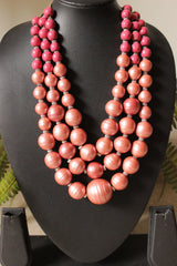 Copper and Pink Spherical Plastic Beads 3 Layer Necklace