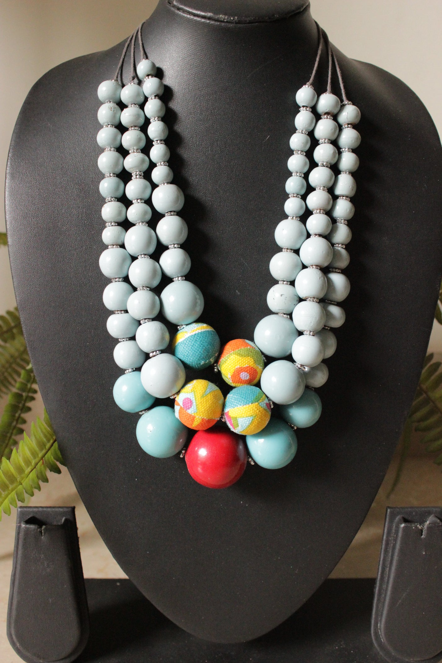 Baby Blue and Red Circular Acrylic Beads 3 Layer Necklace