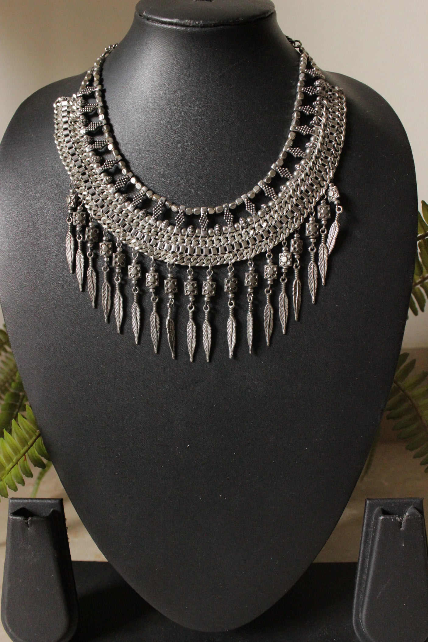 Oxidised Finish Elaborately Detailed Metal Choker Necklace with Adjustable Length Chain Closure