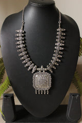 Oxidised Finish Elaborately Detailed Metal Necklace with Chain Closure