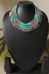 Turquoise Beads and Oxidised Finish Metal Accents Choker Necklace