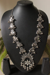 Mirror Work Oxidised Finish Metal Long Necklace with Chain Closure