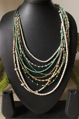 Shaded of White, Blue and Gold Acrylic and Metal Beads Hand Braided Beaded Necklace