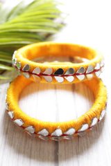 Yellow Fabric Threads and Mirror Work Metal Bangles - Set of 2