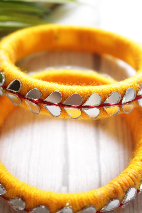 Yellow Fabric Threads and Mirror Work Metal Bangles - Set of 2