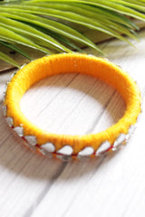 Yellow Fabric Threads and Mirror Work Metal Bangles - Set of 2