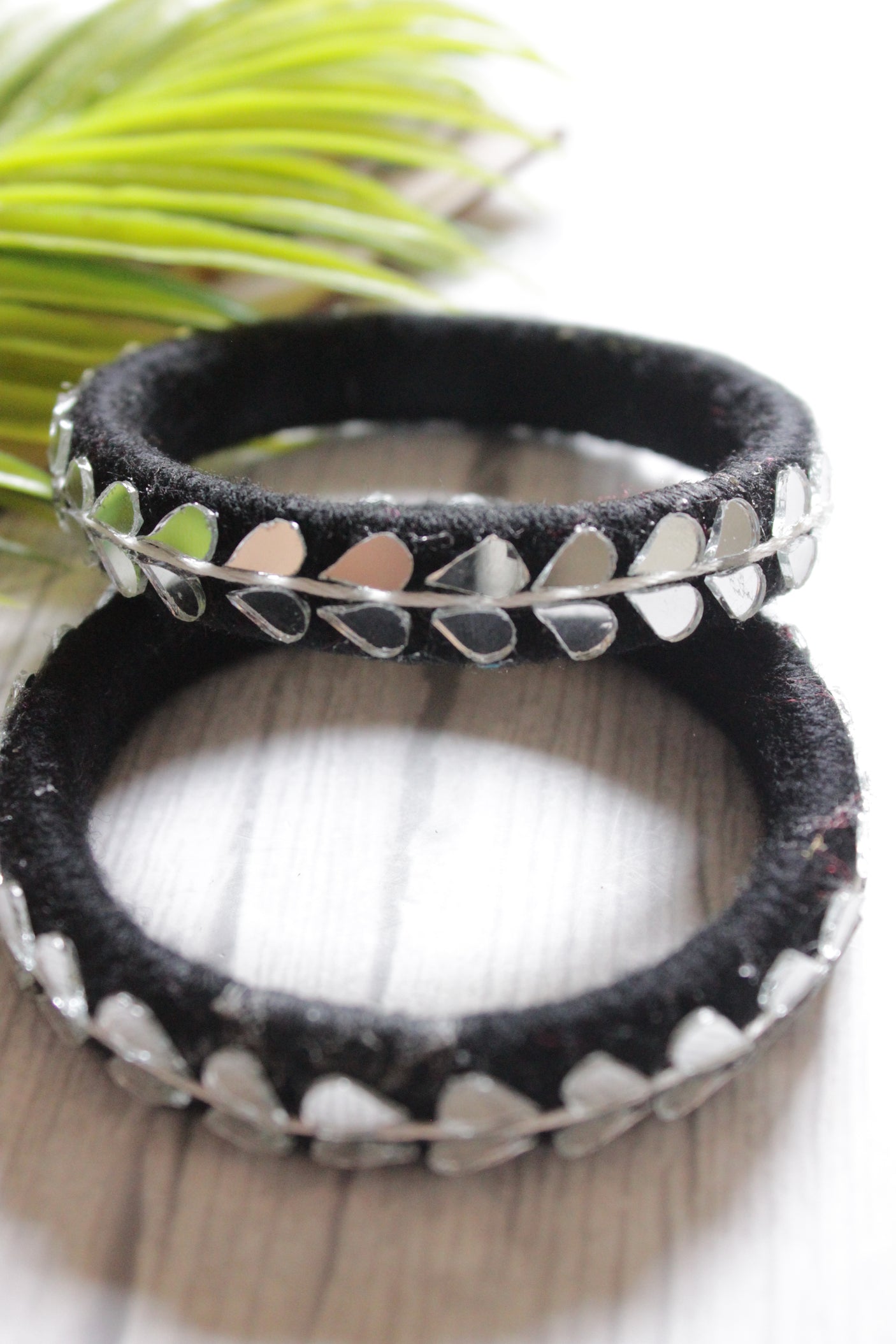 Black Fabric Threads and Mirror Work Metal Bangles - Set of 2