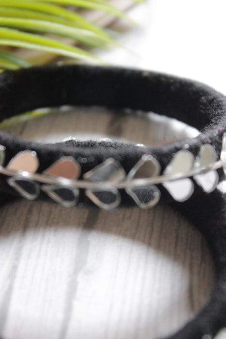 Black Fabric Threads and Mirror Work Metal Bangles - Set of 2