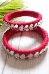 Red Fabric Threads and Mirror Work Metal Bangles - Set of 2