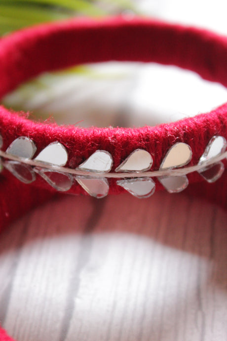 Red Fabric Threads and Mirror Work Metal Bangles - Set of 2