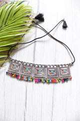 Multi-Color Beads Embellished Metal Choker Necklace with Adjustable Thread Closure