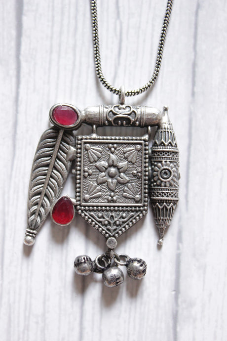 Premium Oxidised Finish Ruby Glass Stones Embedded Pendant Chain Necklace