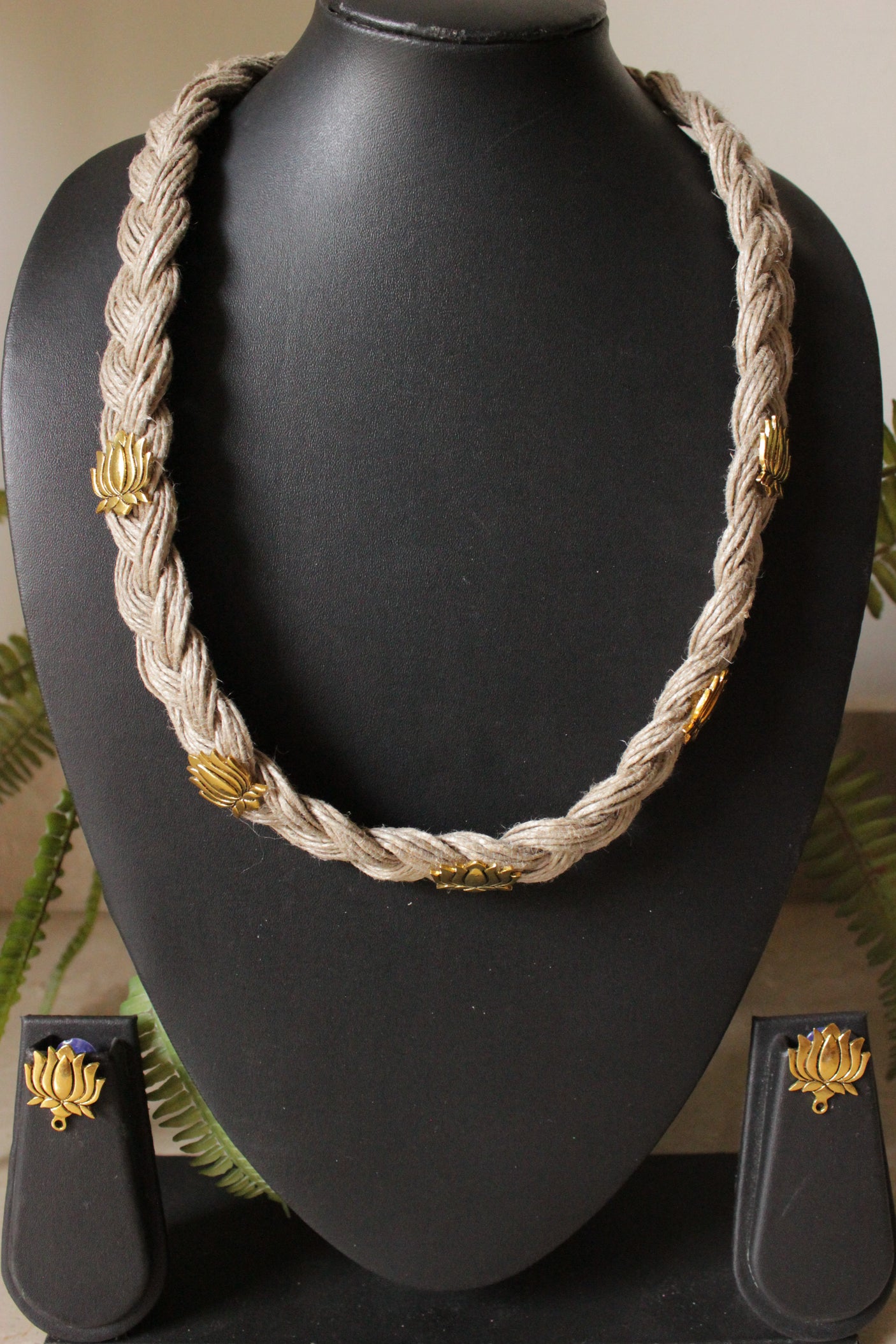 Gold Finish Lotus Metal Charms Hand Braided in Jute Threads Choker Necklace