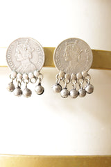 Ghungroo Beads Embellished Victoria Queen Embossed Oxidised Finish Metal Earrings