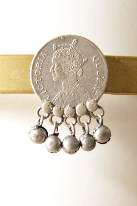 Ghungroo Beads Embellished Victoria Queen Embossed Oxidised Finish Metal Earrings