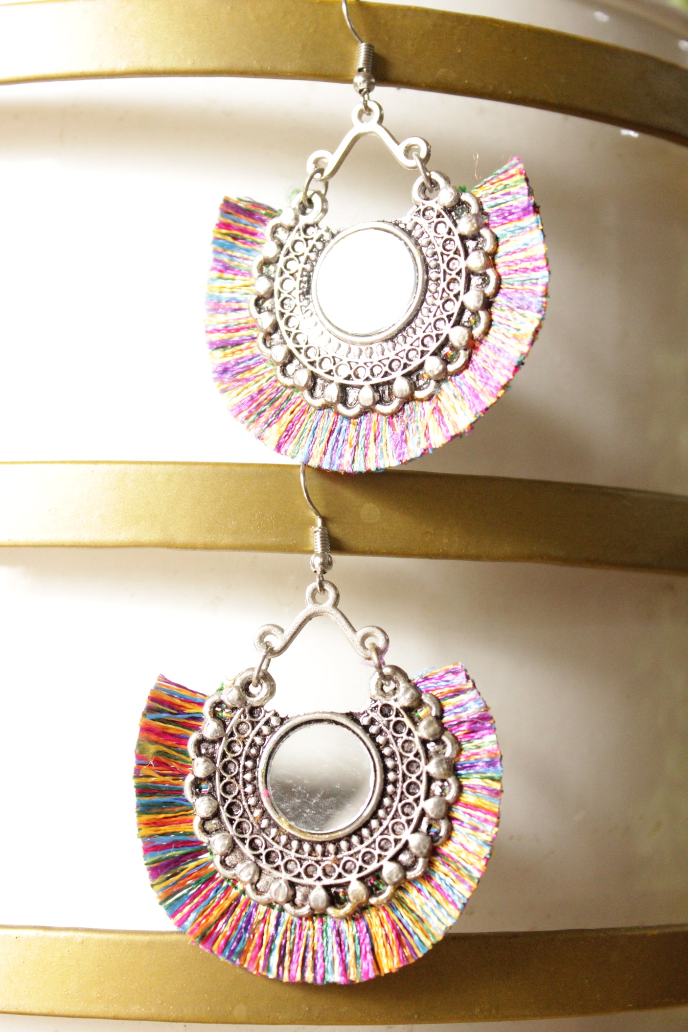 Multi-Color Fabric Threads Mirror Work Oxidised Finish Circular Earrings