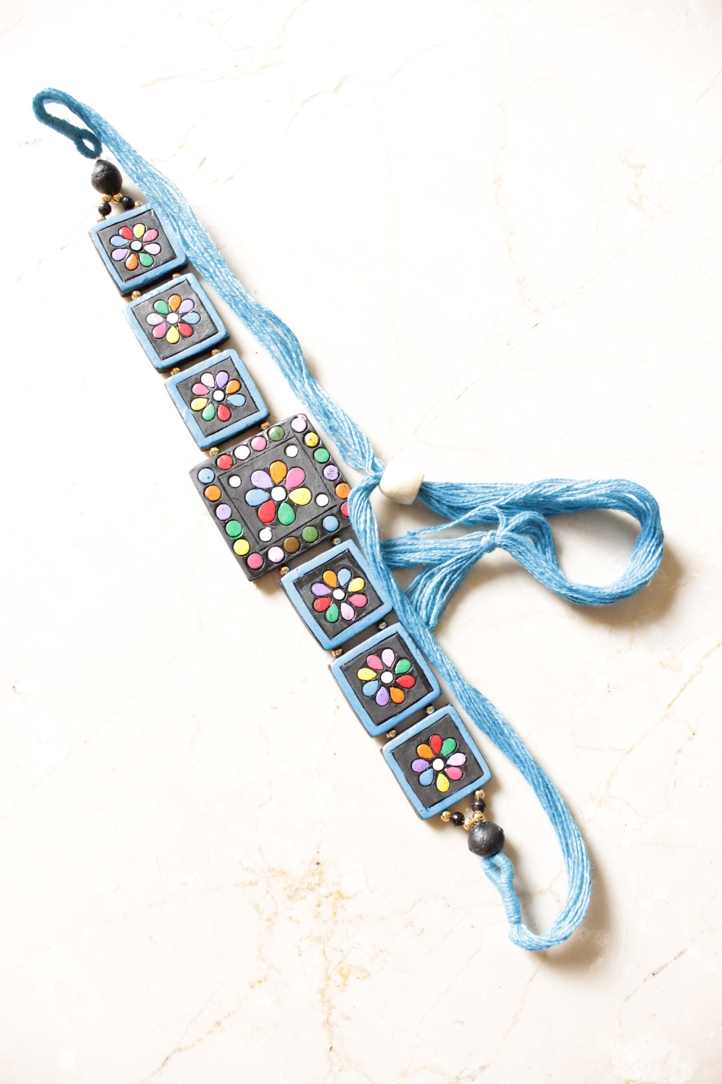 Hand Painted Terracotta Clay Black and Blue Thread Closure Handmade Necklace