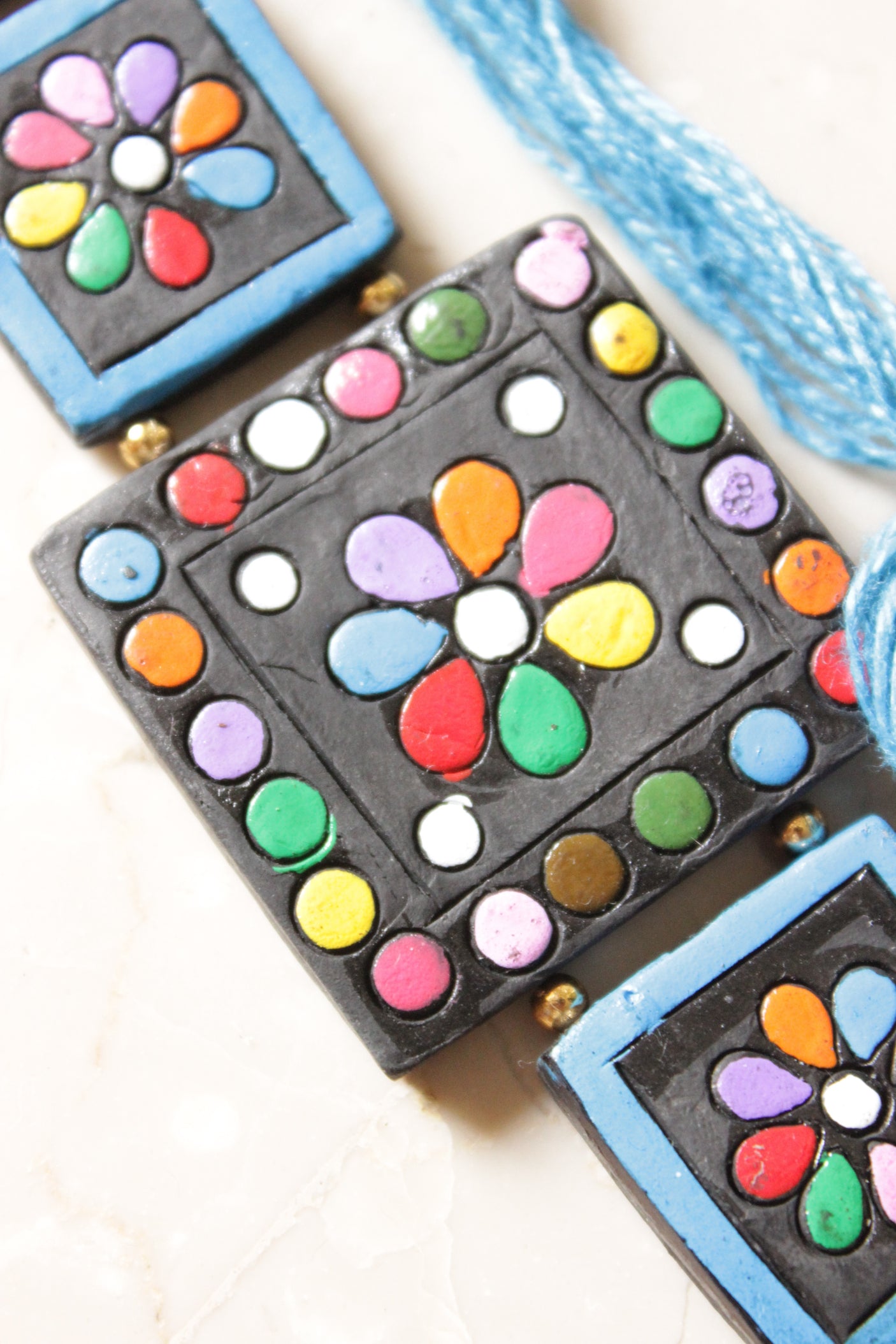 Hand Painted Terracotta Clay Black and Blue Thread Closure Handmade Necklace