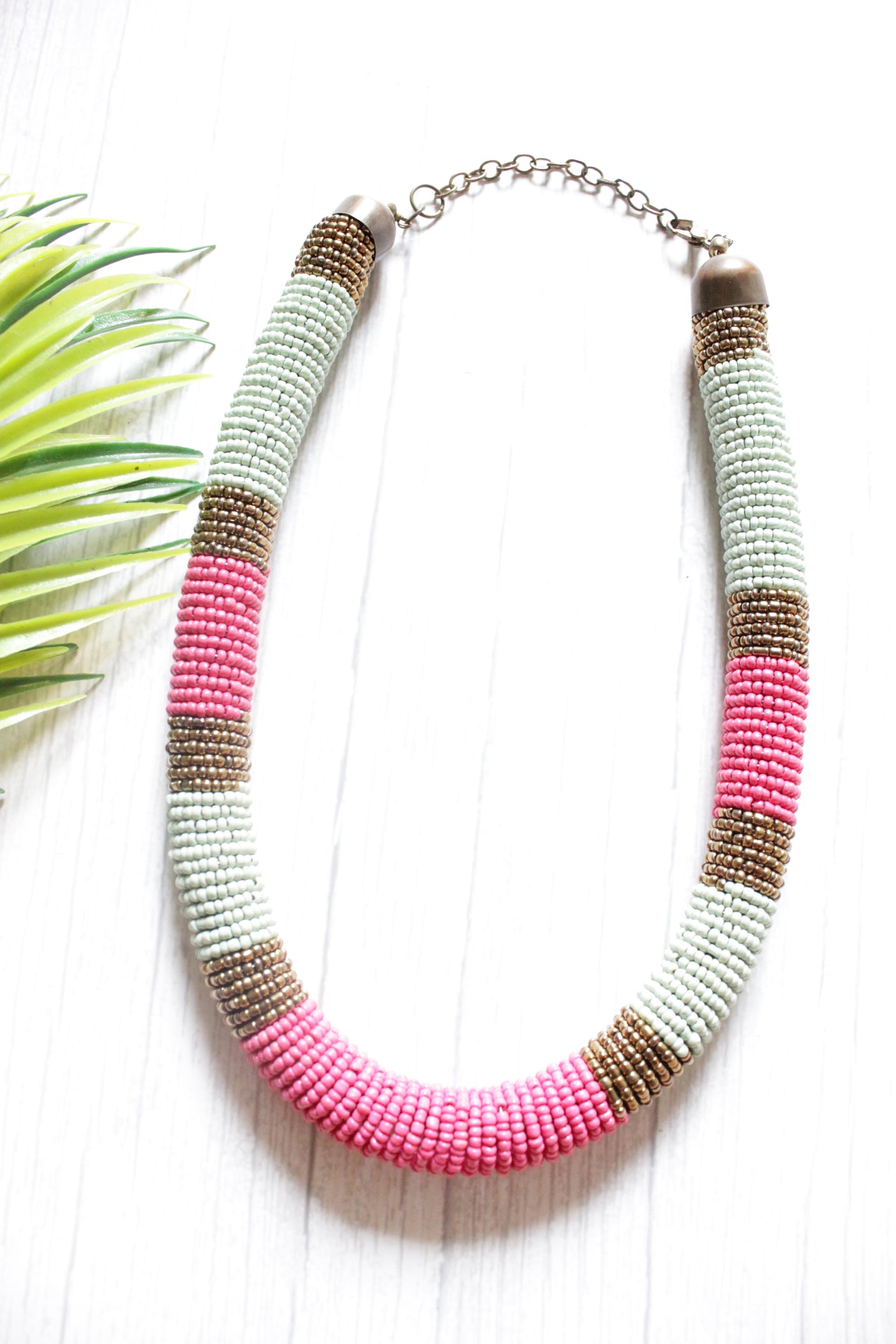 Pink and Blue with Gold Beads Handmade Versatile Necklace