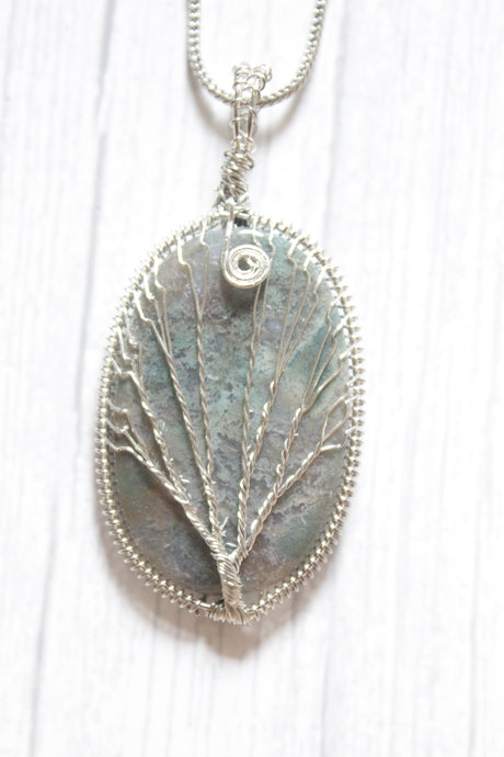 7 Chakra Tree of Life Wrapped on Grey Natural Gemstone Pendant Brass Chain Necklace