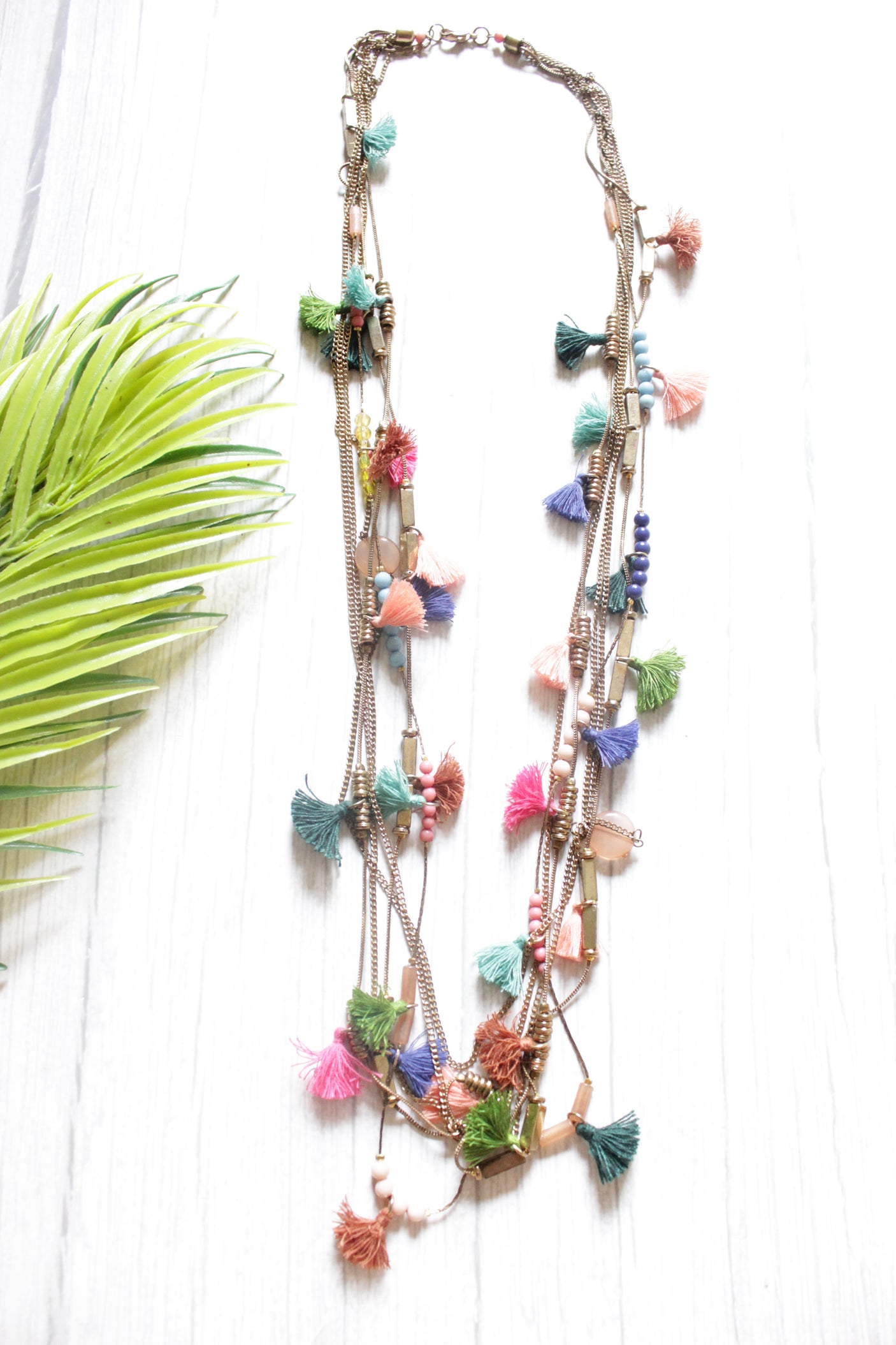 Multi-Color Fabric Pom Poms and Beads Multi-Layer Dull Gold Finish Chains Long Boho Necklace