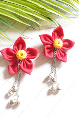 Red Cotton Fabric Handmade Flower Earrings with Metal Chain Danglers