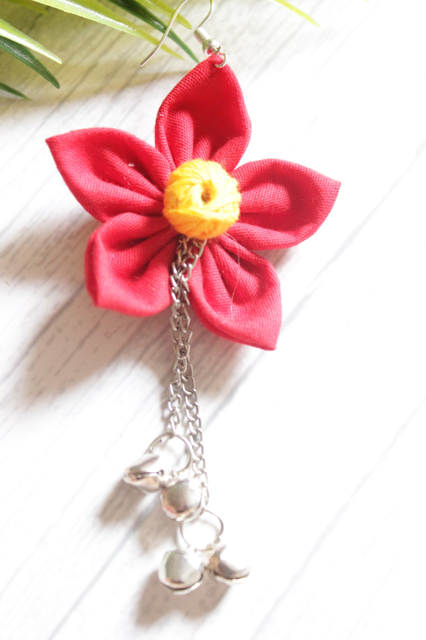 Red Cotton Fabric Handmade Flower Earrings with Metal Chain Danglers