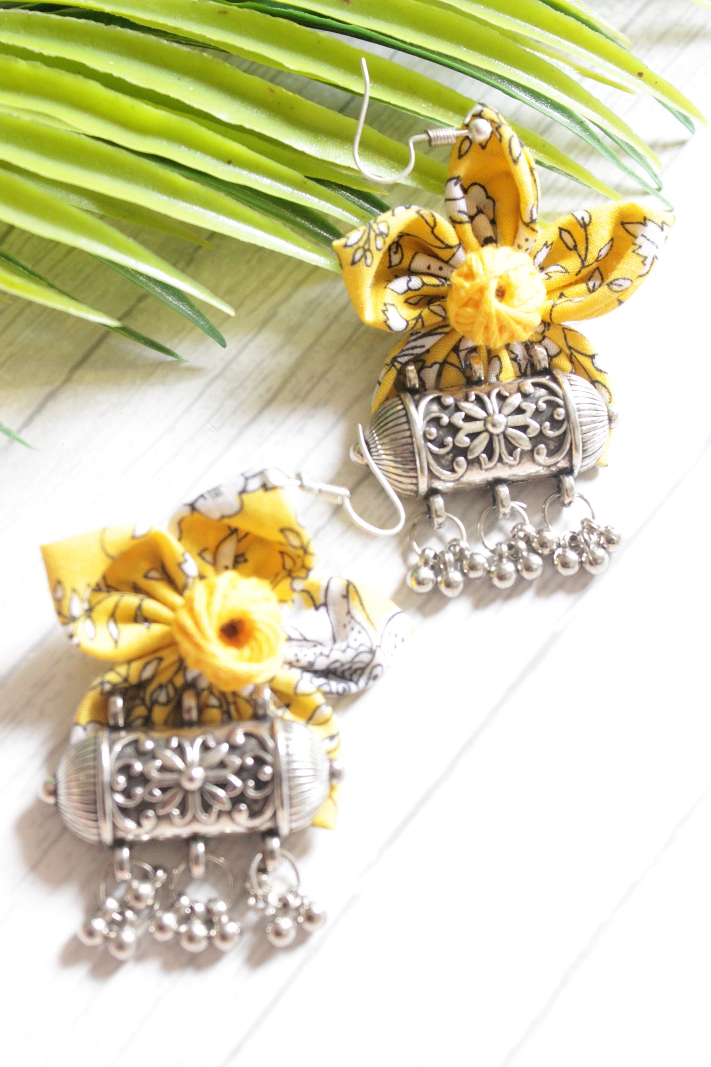 Yellow Printed Cotton Fabric Handmade Flower Earrings with Oxidised Finish Metal Charm