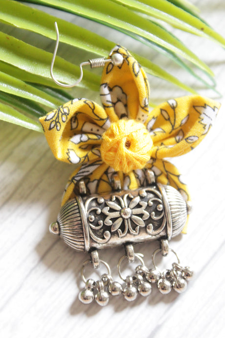 Yellow Printed Cotton Fabric Handmade Flower Earrings with Oxidised Finish Metal Charm