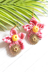 Pink Shaded Cotton Fabric Handmade Flower Earrings with Antique Gold Finish Metal Charm