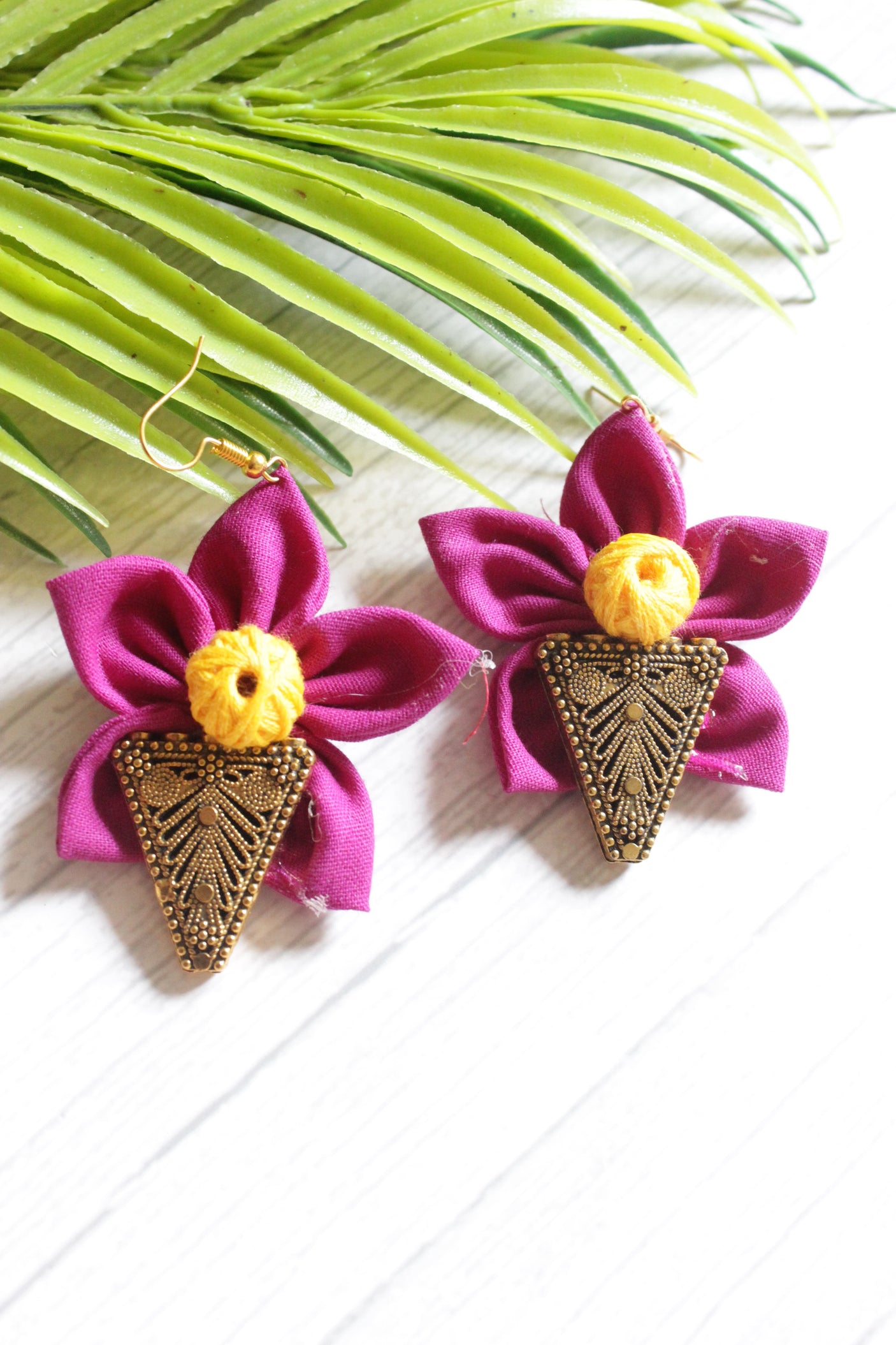 Purplish Pink Cotton Fabric Handmade Flower Earrings with Antique Gold Finish Metal Charm