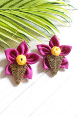 Purplish Pink Cotton Fabric Handmade Flower Earrings with Antique Gold Finish Metal Charm