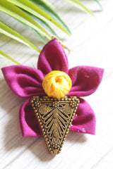Purplish Pink Cotton Fabric Handmade Flower Earrings with Antique Gold Finish Metal Charm
