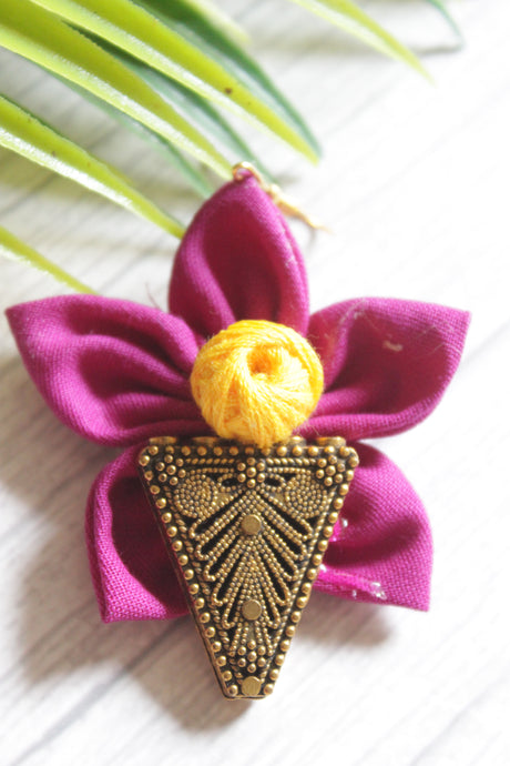 Purplish Pink Cotton Fabric Handmade Flower Earrings with Antique Gold Finish Metal Charm