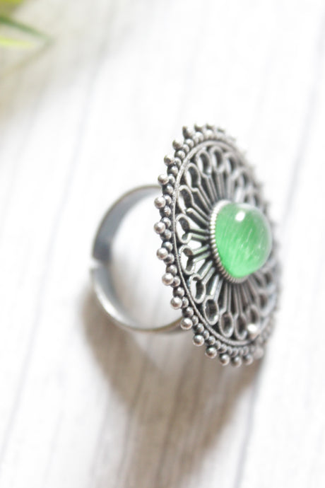 Green Center Stone Intricate Flower Pattern Adjustable Size Oxidised Finish Statement Cocktail Ring
